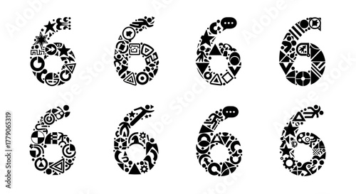 Conceptual number six compositions using assorted geometrical shapes creating artistic styles