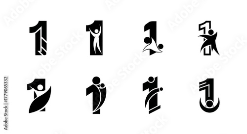 Creative number one symbols variations conveying achievement and unity in diverse graphic