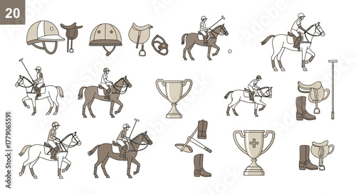 Elegant collection of polo sports elements: Riders horses equipment and trophies vector illustration