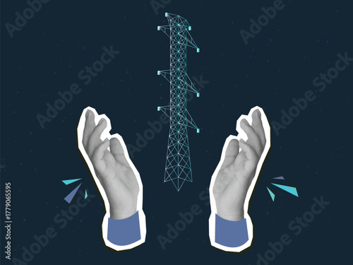 Hand holding a power line tower. Modern collage style. Vector illustration
