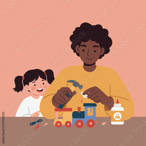 Illustration depicts a person hammering a toy train, with a child watching.  Tools and glue are on the table