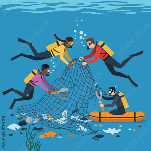 Divers working together, removing plastic pollution from the ocean with a net, illustrating an environmental cleanup