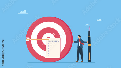 Businessman writing new year goals on bullseye target. Set new year goals, target or resolution at the beginning of the year, determination or inspiration to improve and success.