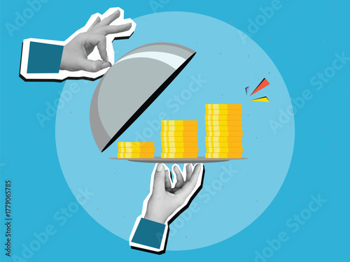 Black and white hands remove the lid from restaurant serving of dish with cloche with a growing row of gold coins - profit concept. Modern collage style. Vector illustration