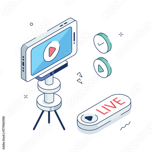 Isometric live streaming illustration with camera setup for online broadcasting