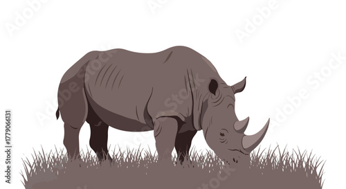 Vector illustration of a rhino grazing on grass