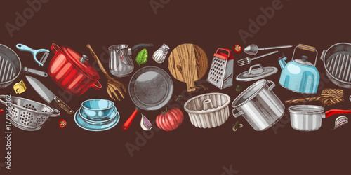 Kitchenware seamless sketched vector border