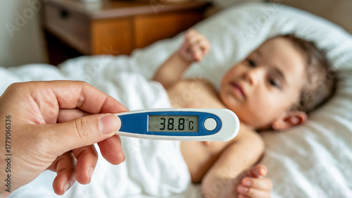 Sick Baby with Fever Measured by Digital Thermometer Showing High Temperature