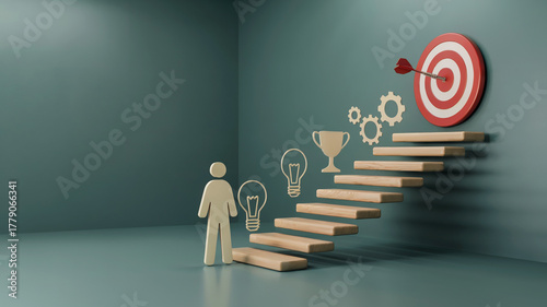 3D Business Growth Steps Toward Success and Target Achievement Concept