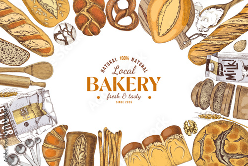 Bakery background with hand drawn bread types