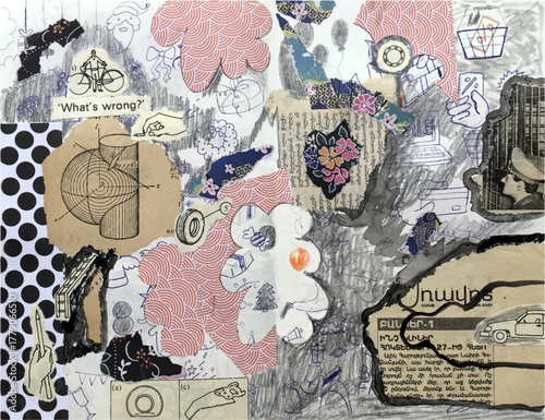 abstract art collage from newspapers and magazines with drawings and text in vector. Element for print, backgrounds, illustrations, wrapping paper, postcards, design, book, poster