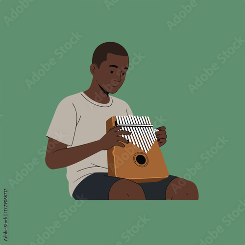 An illustrated depiction of a person, seated, playing a wooden instrument with metal tines