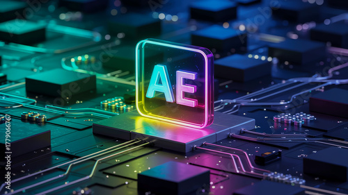 A photorealistic 3D render of the Adobe After Effects logo AE floating above a circuit board