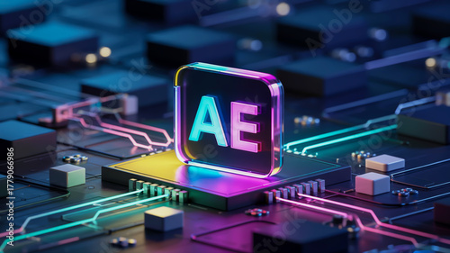 A photorealistic 3D render of the Adobe After Effects logo AE floating above a circuit board