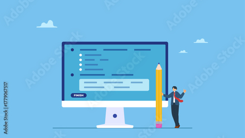 A man with pencil finish online questionnaire on computer. Online questionnaire survey, customer feedback choice or checklist, internet exam, opinion or comment, answer question, surveyor poll.