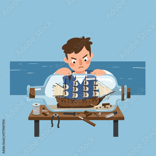 A boy works on a miniature sailing ship inside a glass bottle, looking focused. Blue backdrop