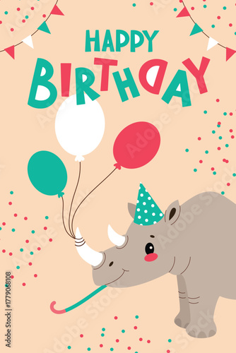 Kids birthday card,African animals,safari theme.A fun card with lettering and balloons.Cartoon vector illustration in a flat style