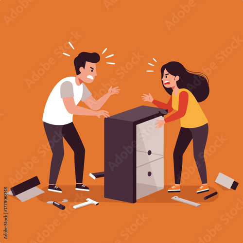 A man and woman argue over a broken cabinet with tools. They are upset and in a heated discussion