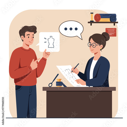 A designer consults with a client about a dress design, sketching details. Conversation in speech bubbles