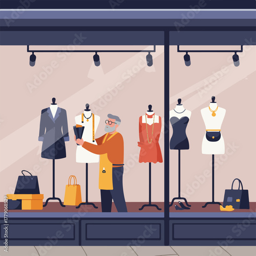 Fashion designer adjusts a dress form in a shop window display, showcasing various outfits, accessories
