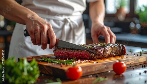Fototapeta Naklejka Na Ścianę i Meble -  Steak Cutting with Kitchen.