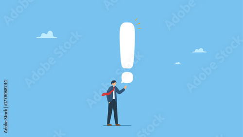 Businessman speaking with speech bubble as exclamation point. Story telling, speak out loud to draw attention and interest, fact important information or secret, caution and alert call.
