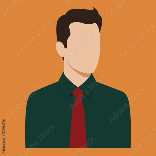 Vector illustration of a faceless male figure, wearing a dark green shirt and red tie against orange