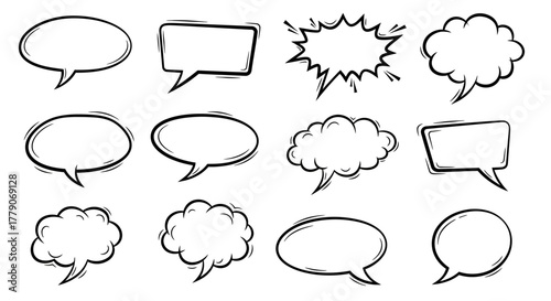 Hand-drawn speech bubbles collection featuring various shapes and design elements for communication