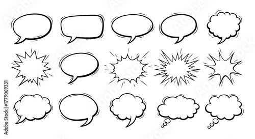 Hand-drawn speech bubbles and comic explosion shapes illustration isolated for text boxes