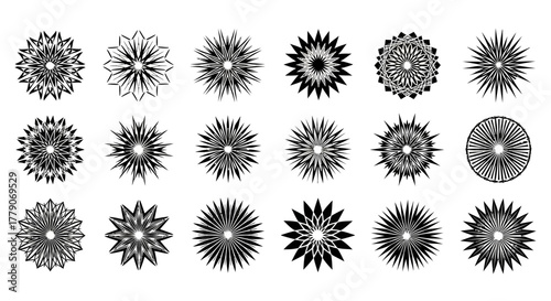 Assorted black grunge stars collection on a white background displaying various designs and