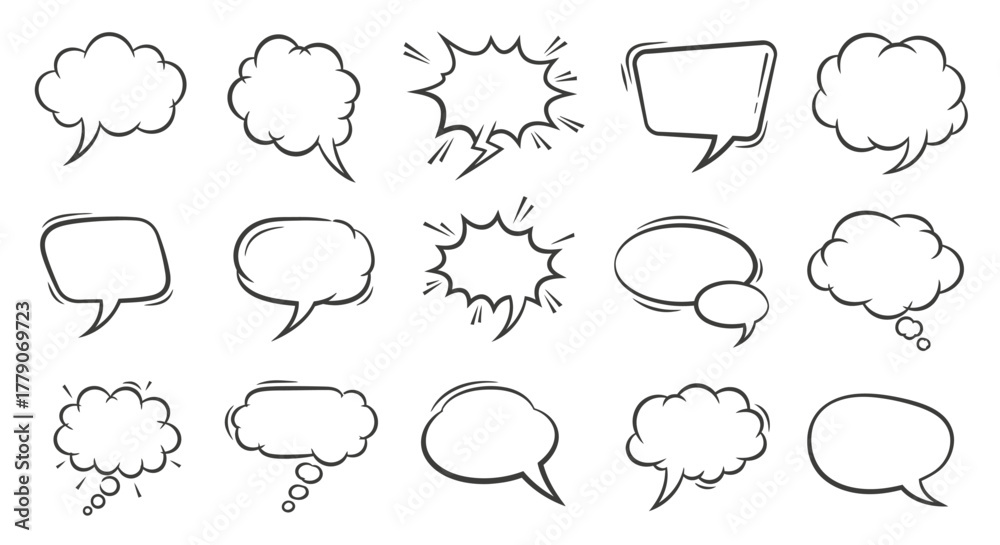 Fototapeta premium Collection of hand-drawn speech bubbles and thought clouds, vector illustration for social media