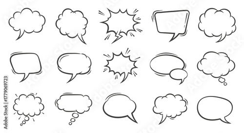 Collection of hand-drawn speech bubbles and thought clouds, vector illustration for social media