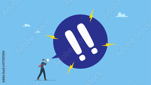 Businessman shouting on megaphone with exclamation point. Warning message, shouting alert or danger warning, important message on loud speaker, emergency attention, safety or urgency scream.