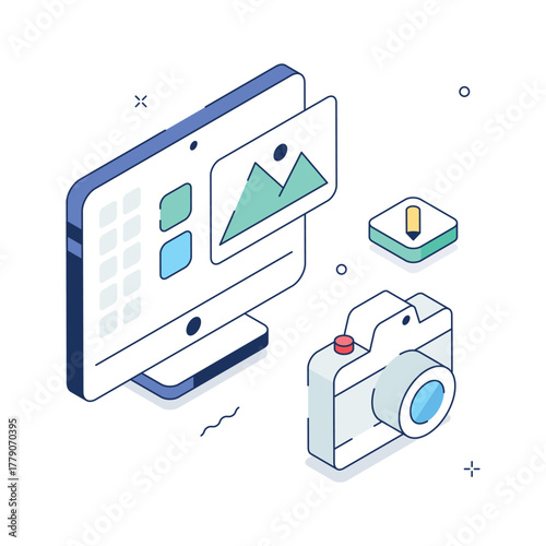 Isometric photo editing illustration featuring computer and camera for creative design