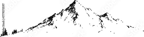 Stipple Mountain Peak Vector Illustration Emblem with Pines and River, Minimal Black and White Outdoor Badge