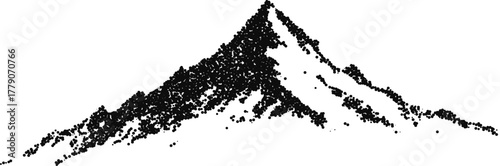 Stipple Mountain Peak Vector Illustration Emblem with Pines and River, Minimal Black and White Outdoor Badge