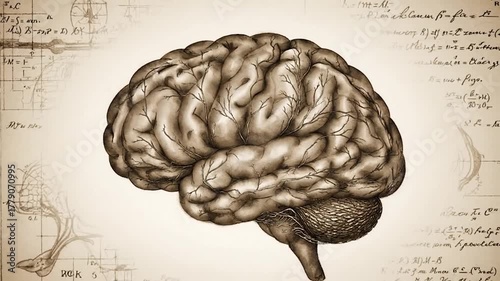 Sepia-toned illustration of a human brain with a background of scientific diagrams and equations