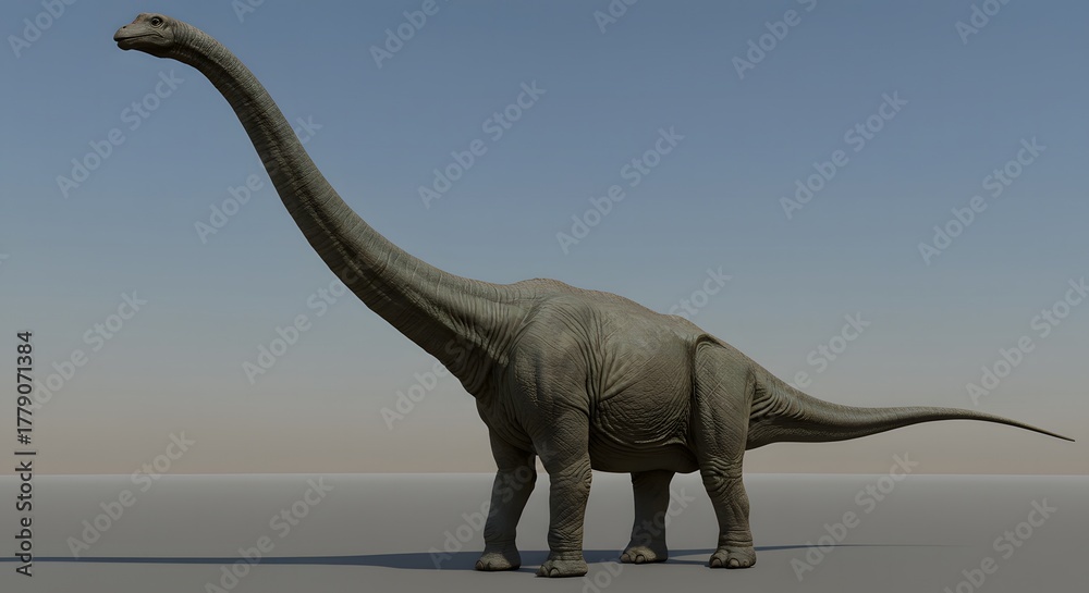 Obraz premium A gray sauropod dinosaur Diplodocus with a long neck and tail stands against a light blue sky background outside