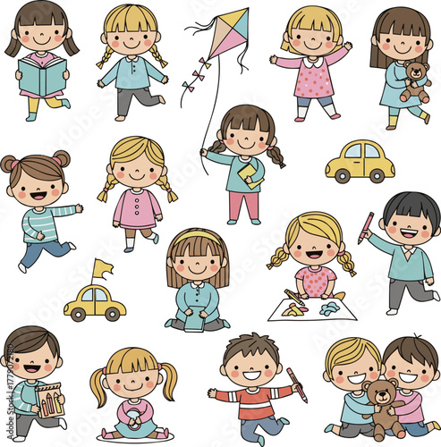 Isolated a kinds of deferent children Illustration for decoration, kids school cute doodle vector art with white background..