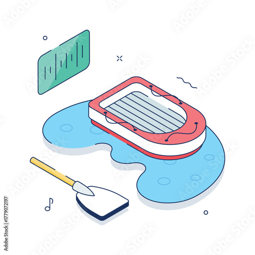 Isometric rafting illustration with inflatable boat and paddle