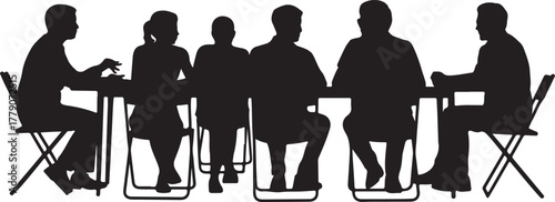 Black and White Business Meeting Silhouette – Team Discussion and Office Vector Illustration