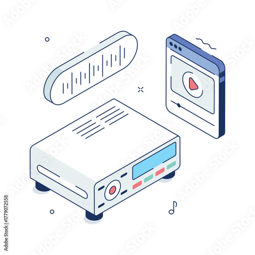 DVD player isometric illustration symbolizing movie, video, and home entertainment