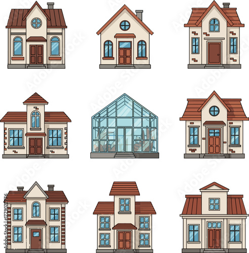 Isolated a kinds of deferent small house drawing illustration flat building, glasshouse vector art with white background