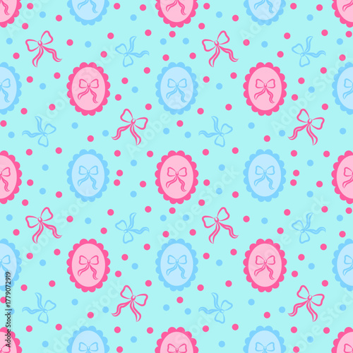 Seamless pattern of ribbons in frame and dots on aqua background. Cute cartoon hand-drawn vector illustration. For textile printing, clothing, wallpaper, and wrapping paper.