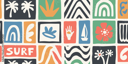 Vibrant mid century modern style pattern with tropical and abstract elements