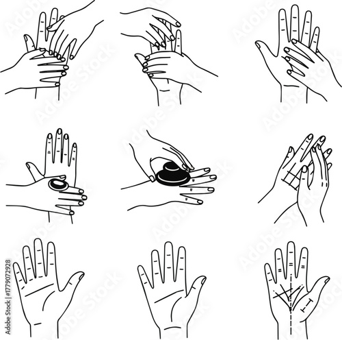 Isolated a kinds of deferent Vector illustration of a hand massage icon in clean, minimal line art style, Ideal for wellness, spa, or therapeutic themes. Relax vector art with white background..