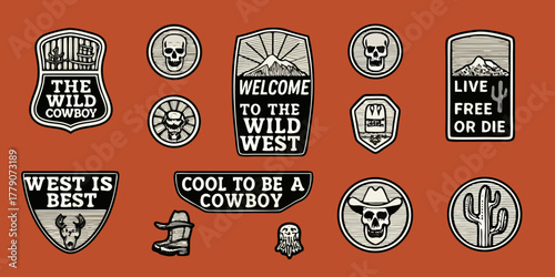 Collection of wild west cowboy themed badges and emblems with skull cactus and mountain designs