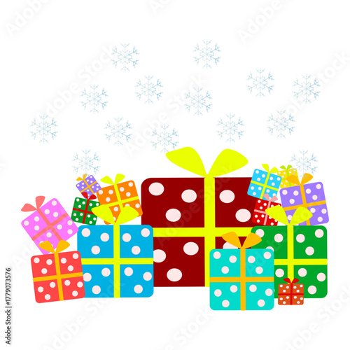 Heap Christmas gift boxes isolated on white background. Stack of colored presents with snowflakes shapes around. Holiday gift piled and blue snowflakes. Winter season. Stock vector illustration