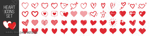 Hand drawn heart icons set, love and romance doodles vector design on transparent background