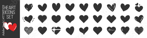 Heart icons set. Hand drawn hearts collection. Love and romance doodles vector illustration on transparent background